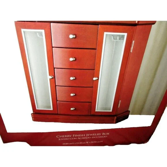 Large Wooden Jewelry Box Nice Wood 12 x 12 x 5 with Revolving Hanger & Mirror